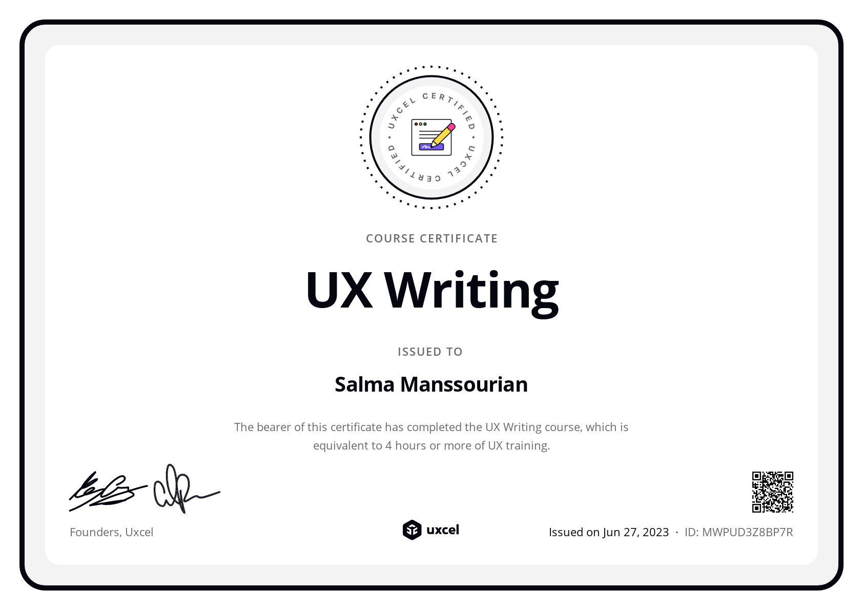 Salma Manssourian's certificate